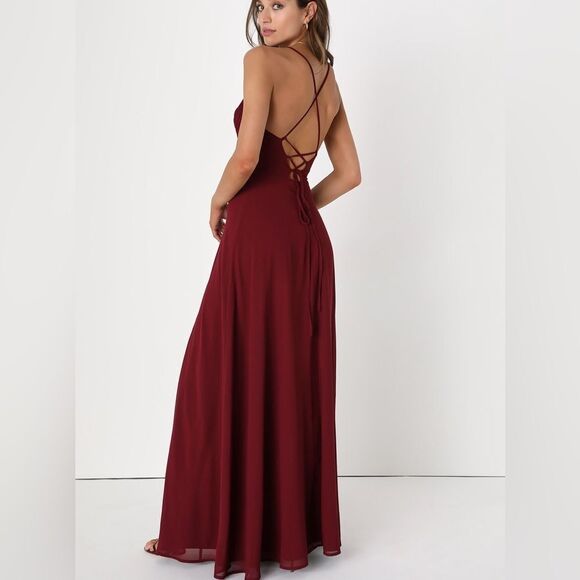 NWT LuLus Event Ready Burgundy Backless Lace-Up Maxi Dress size small - Picture 5 of 11